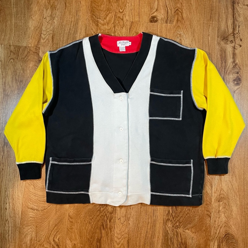 Vintage 80’s Color Blocked Cardigan Mens Size Medium Black Yellow White & Red